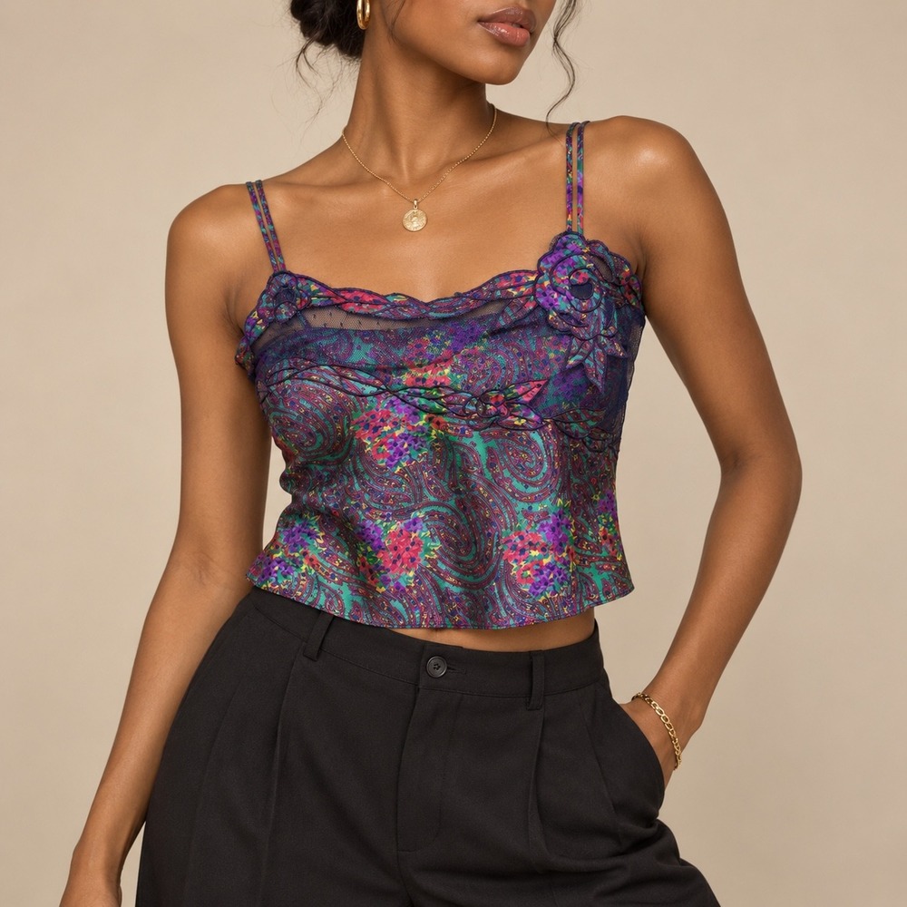 S 142 Vintage Victoria's Secret Gold Label Floral Paisley Lace Camisole Top